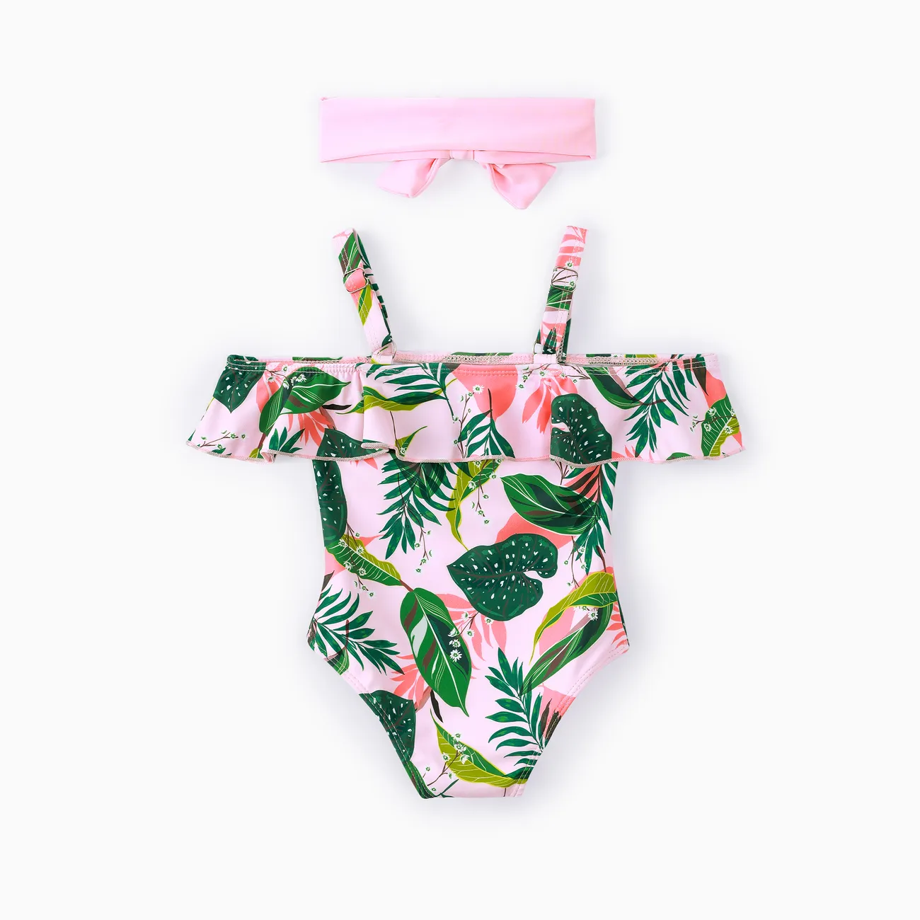 2 Stück Kleinkinder Mädchen Rüschenrand Süß Tropische Pflanzen und Blumen Badeanzüge grün big image 1