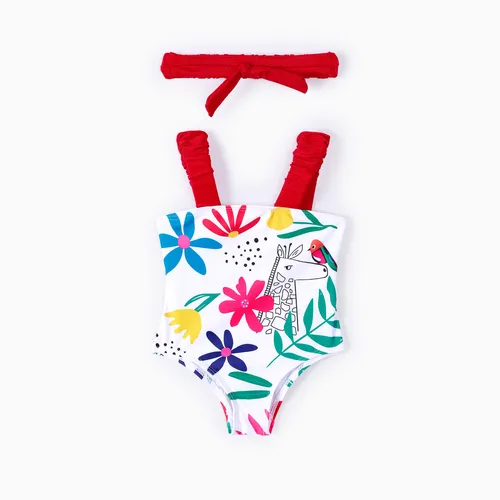 Baby Girl 2pcs Floral Print Swimsuit with Headband