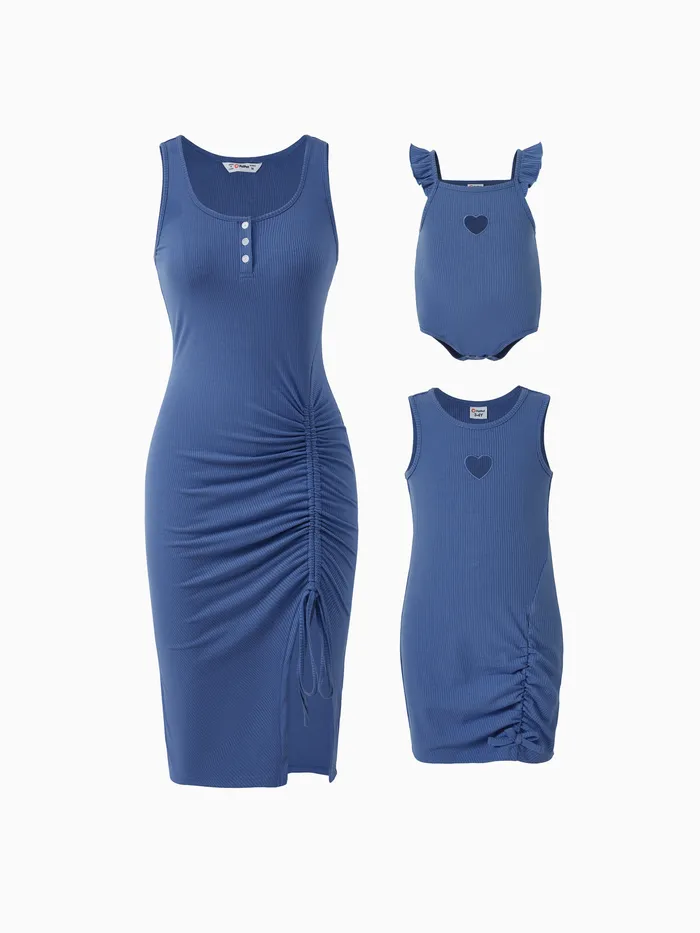 Mommy and Me Grey-Blue Ribbed Button Decor Drawstring or Heart-Shaped Cutout Body-con Dress