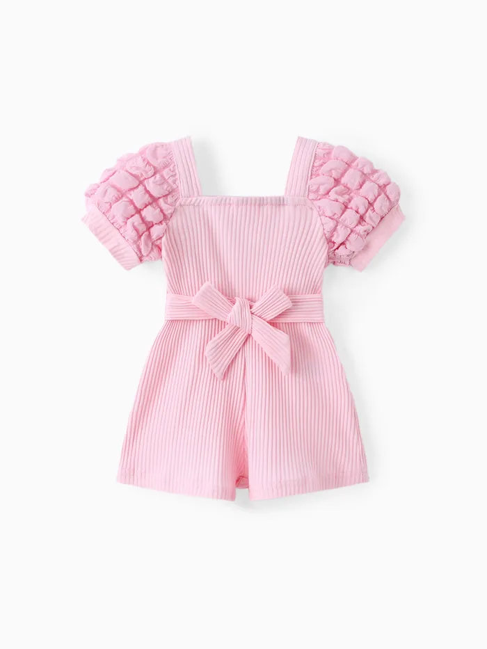 Baby Girl Puff-sleeve Solid Color Jumpsuit