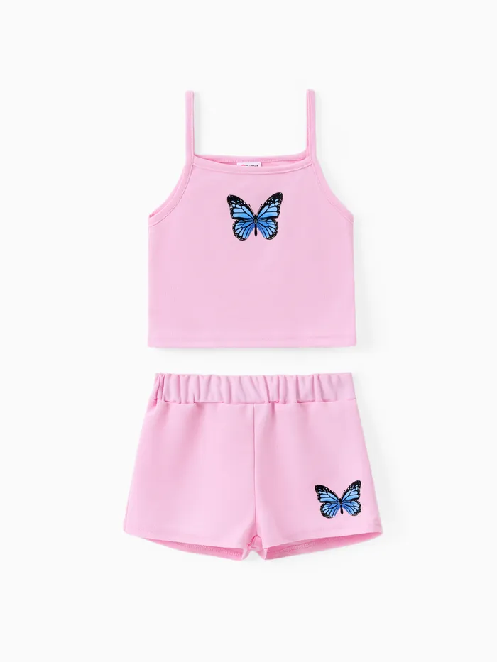 蹣跚學步的女孩 2 件蝴蝶印花吊帶背心和短褲套裝