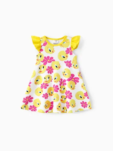 Looney Tunes Kleinkind Mädchen 1-teiliges Kleid mit Blumencharakterdruck und Flatterärmeln