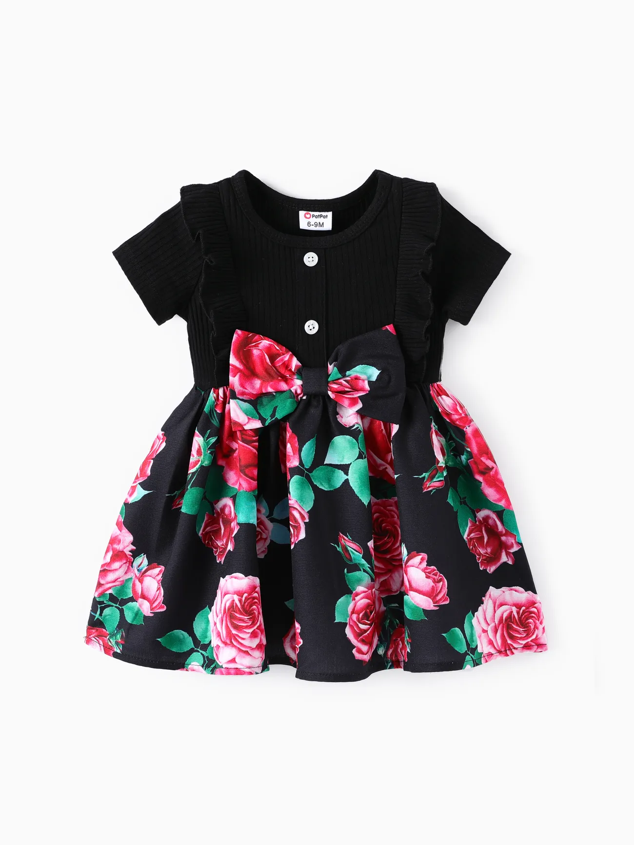 Baby Girl Sweet Floral Print Ruffled Dress Black big image 1