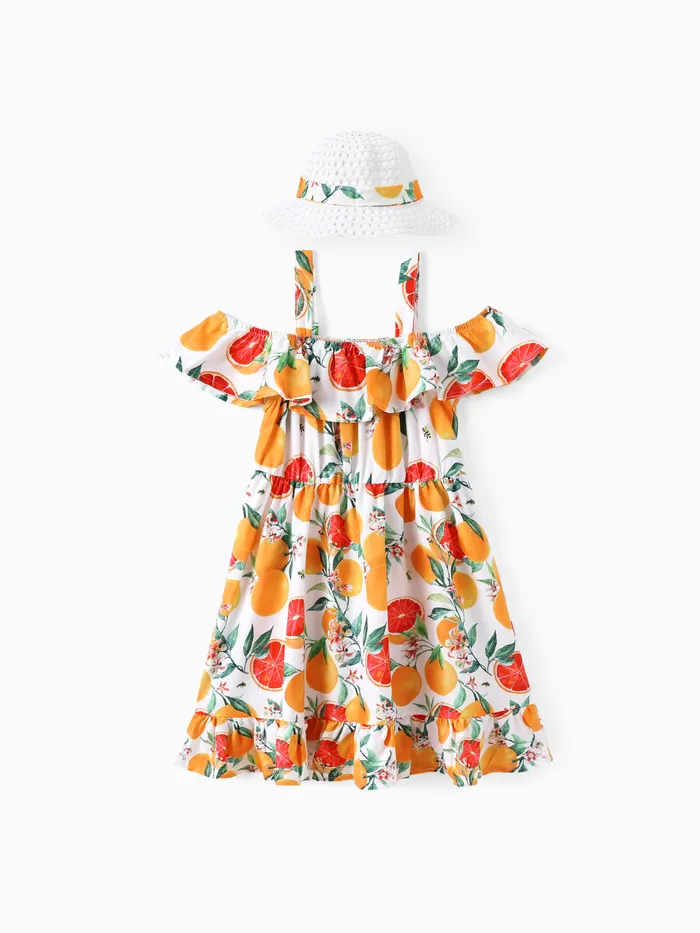 Kid Girl 2pcs Obstdruck gerüschtes Camisole-Kleid mit Strohhut