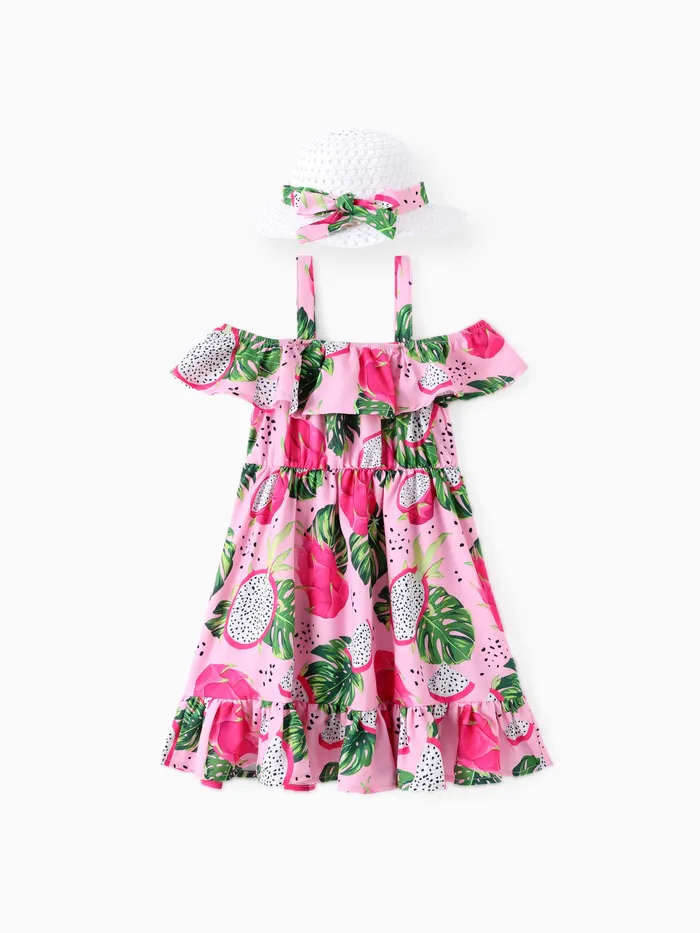 Kleinkind Mädchen 2 Stück Obstdruck gerüschtes Camisole-Kleid mit Strohhut