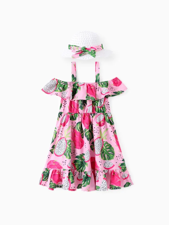 Toddler Girl 2pcs Fruit Print Ruffled Cami vestido com chapéu de palha