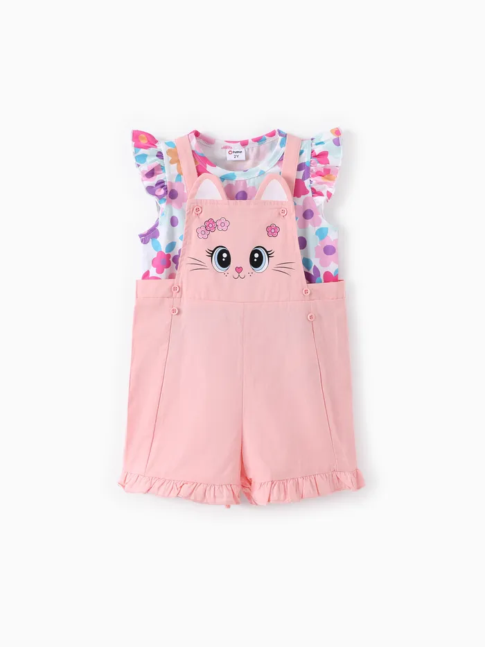 Kleinkind Mädchen 2pcs Blumendruck T-Shirt und Kaninchen Overalls Set