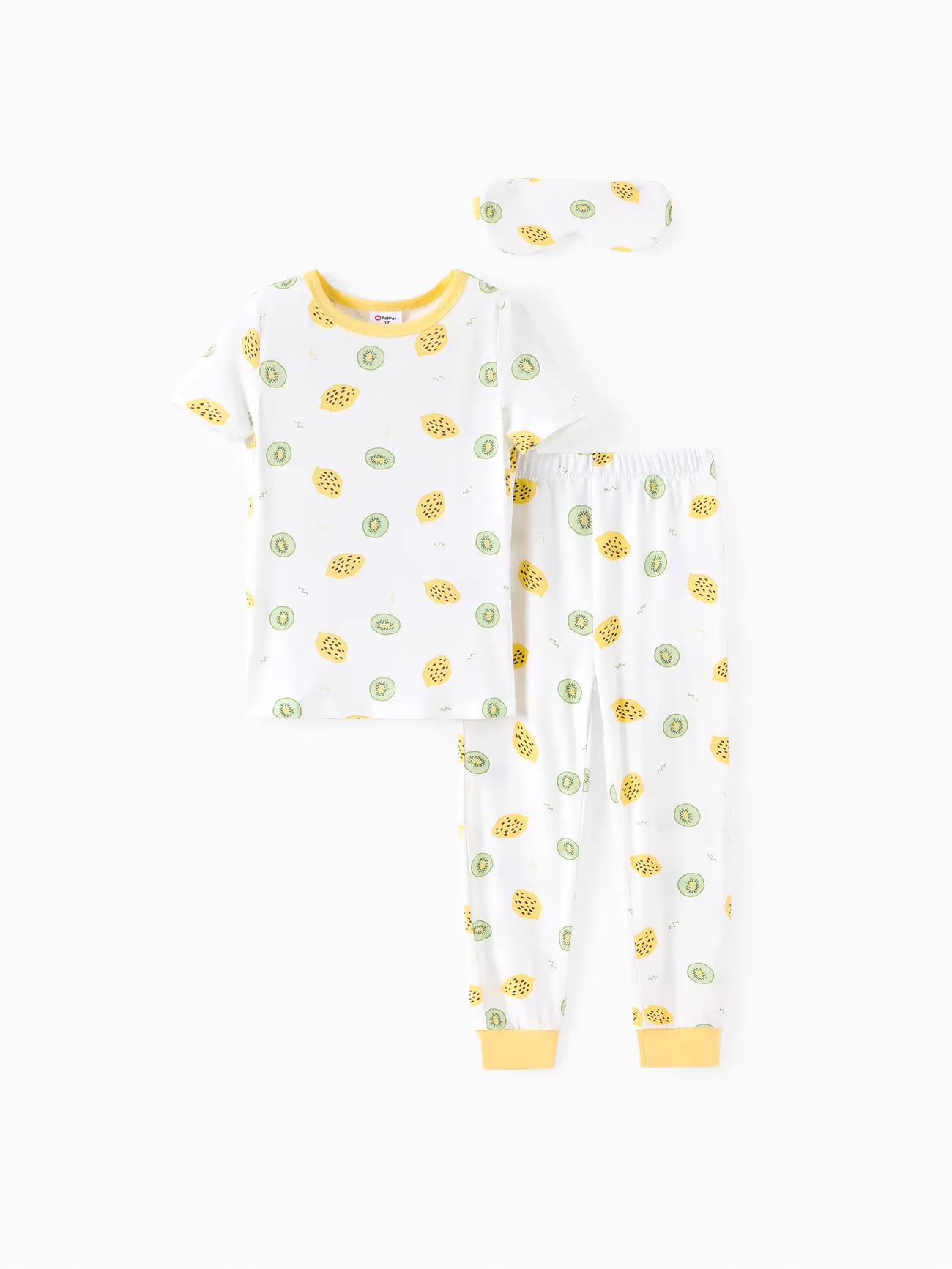 Toddler Boy 3pcs Fruit Print Bamboo Fiber Pijama Tee e calças com máscara de olho Set off white big image 1