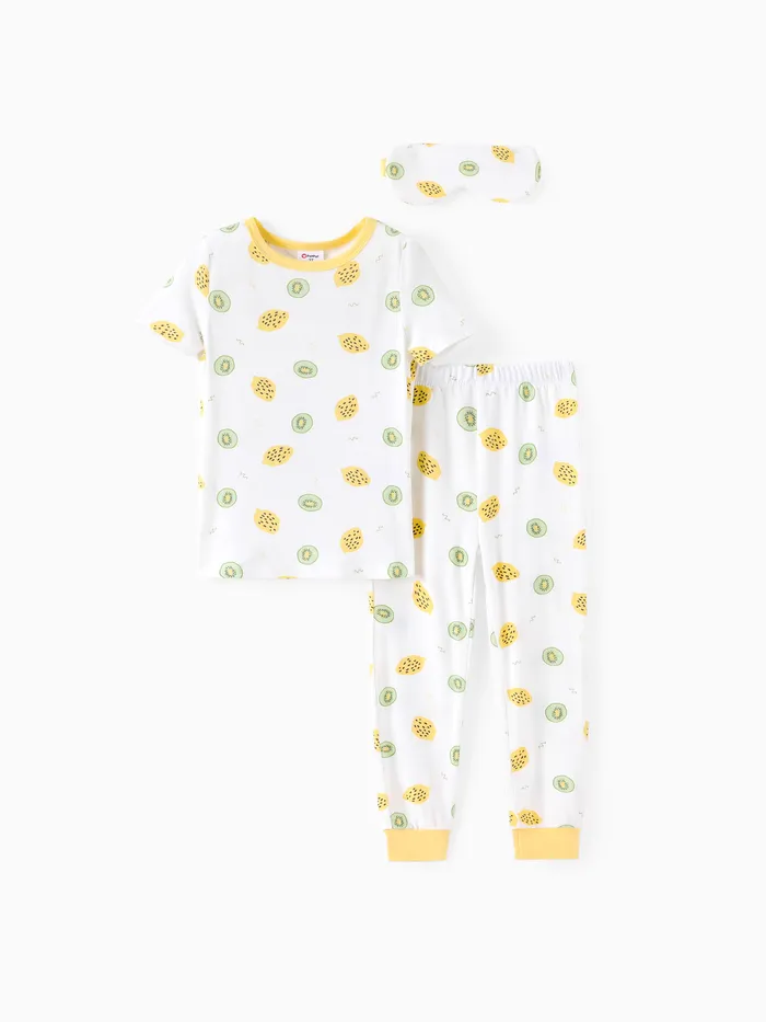 Toddler Boy 3pcs Fruit Print Bamboo Fiber Pijama Tee e calças com máscara de olho Set