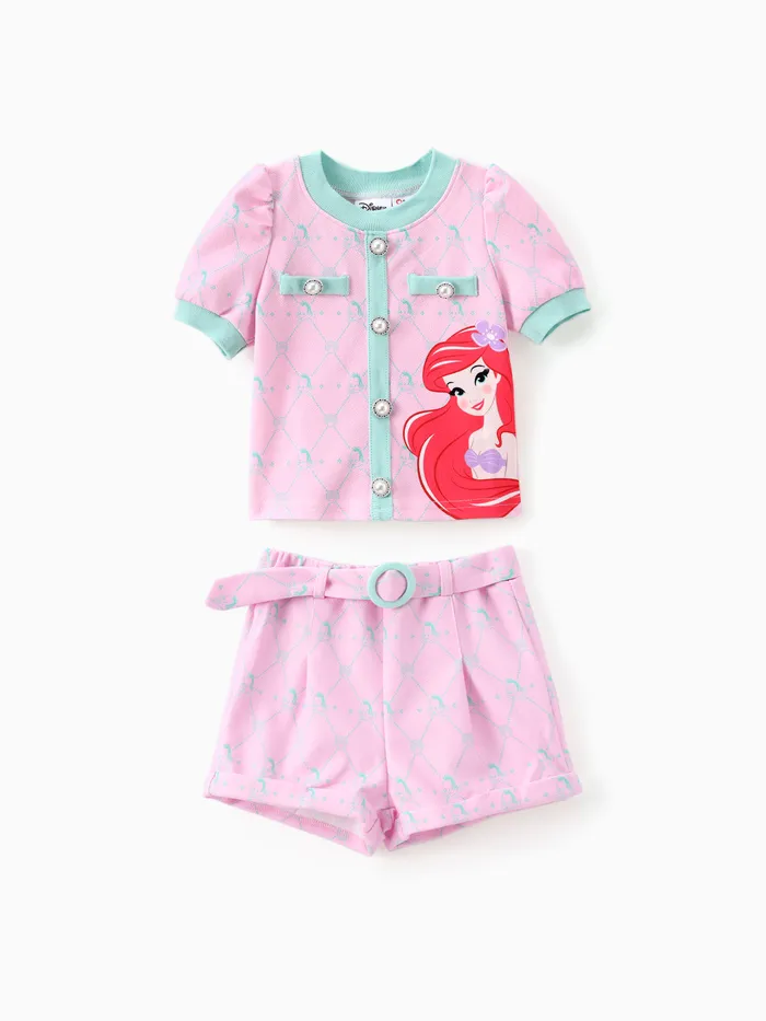 Disney Princess Toddler Girls Ariel 2pcs Tweed Plaid Personagem Print Puffy-sleeve Top com Shorts de Cinto Destacável Set 