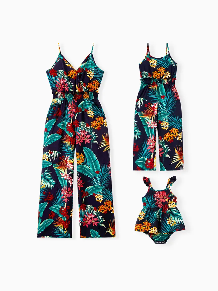 Mommy and Me Matching Tropical Floral Pattern Shirred Waist Long Pants Jumpsuits 