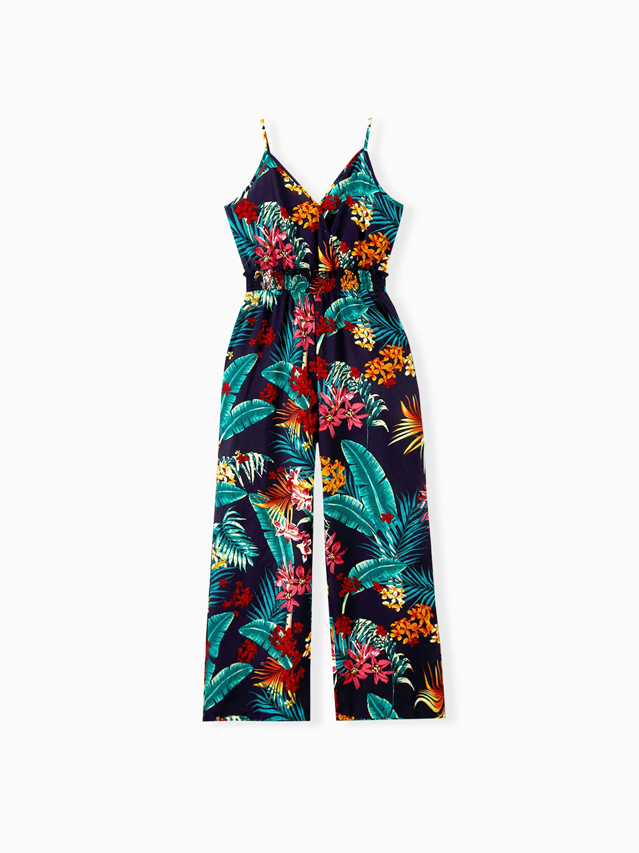 Mommy and Me Matching Tropical Floral Pattern Shirred Waist Long Pants Jumpsuits with Pockets royalblue big image 1