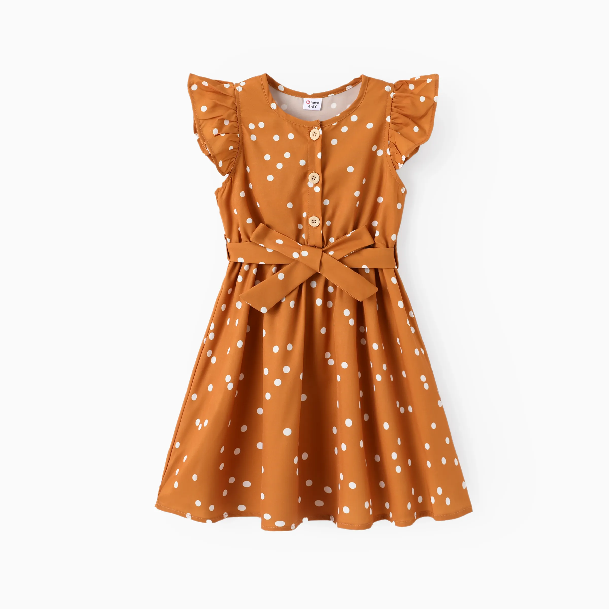 

Kid Girl Polka dots Button Design Flutter-sleeve Belted Dress