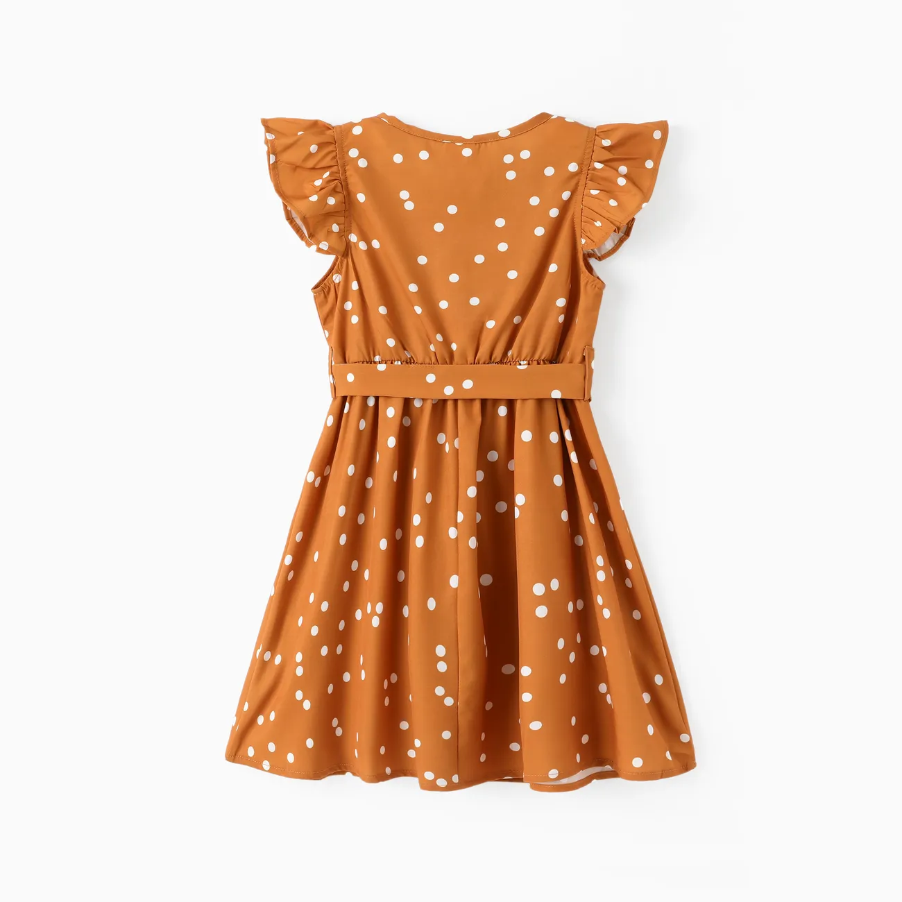 Kid Girl Polka dots Button Design Flutter-sleeve Belted Dress Ginger big image 1