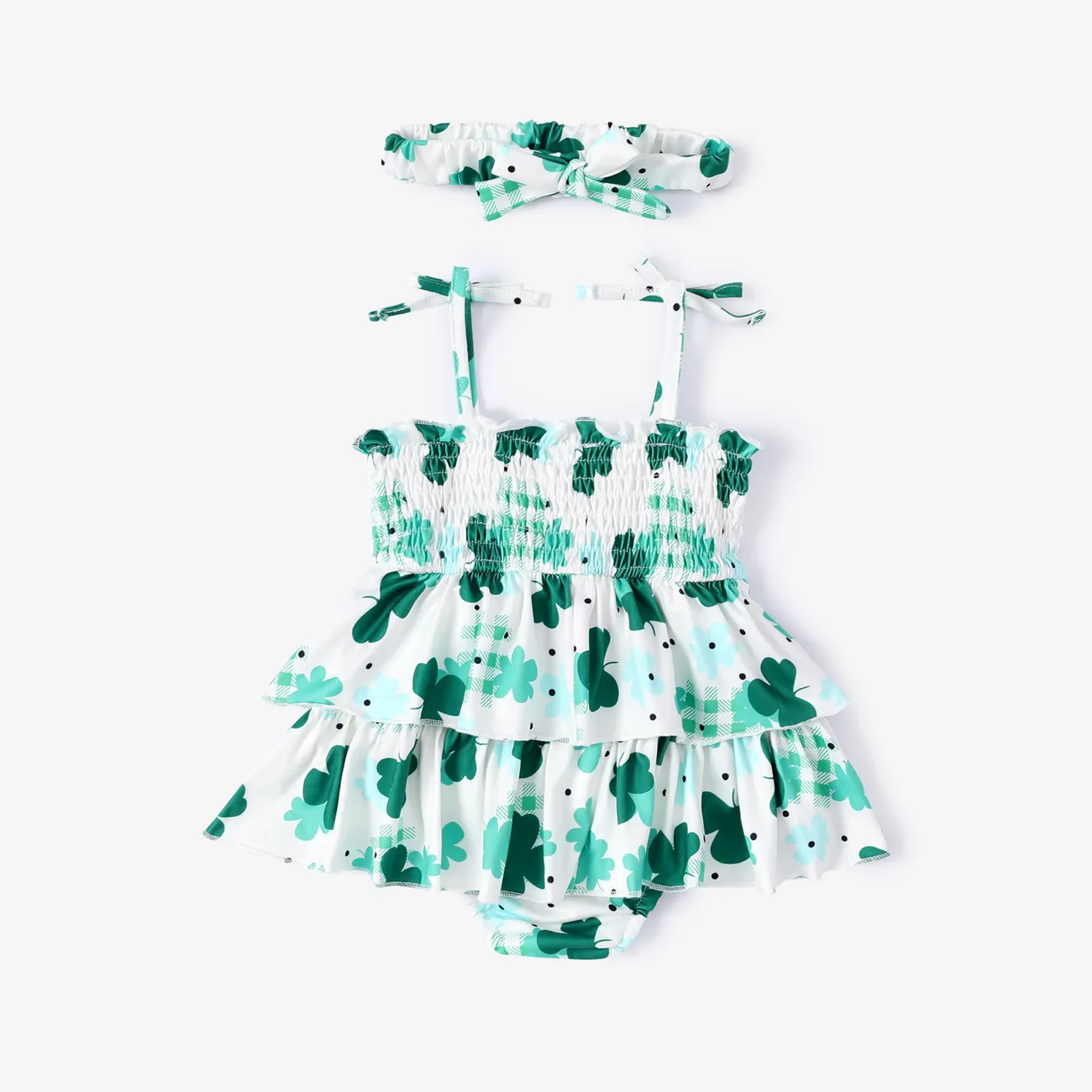 2pcs Baby Girl St. Patrick's Day Green Clover Print Ruffled Romper with Headband White big image 1