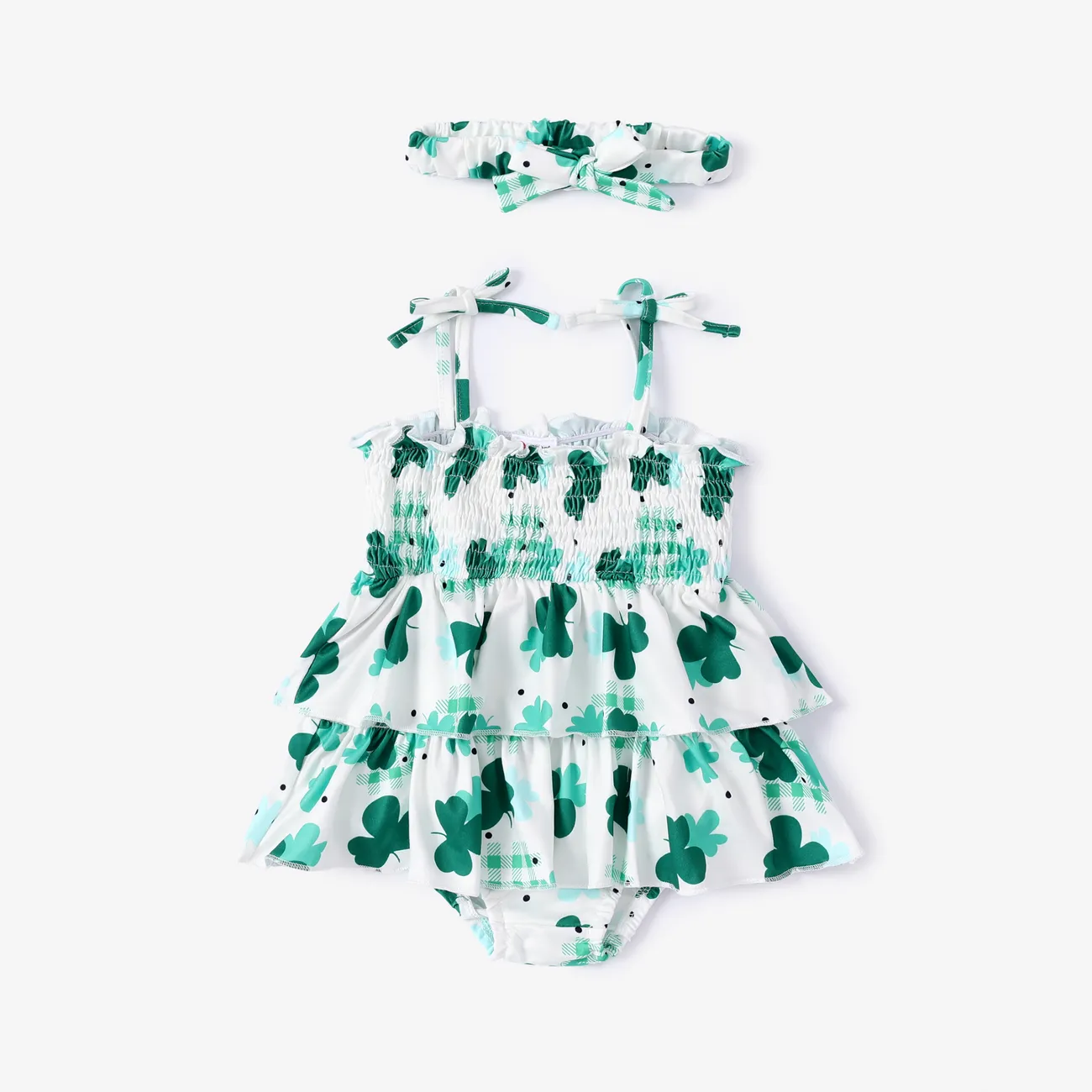 2pcs Baby Girl St. Patrick's Day Green Clover Print Ruffled Romper with Headband White big image 1
