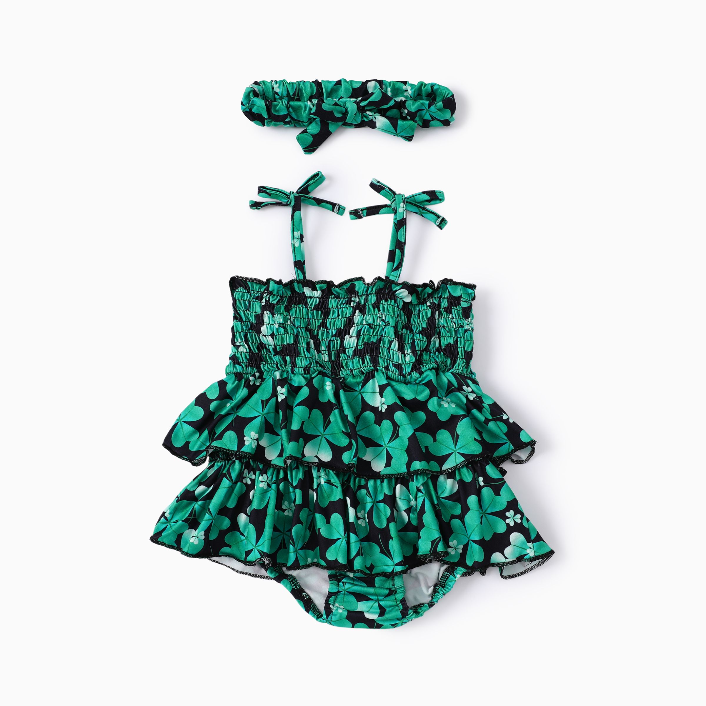 

2pcs Baby Girl St. Patrick's Day Green Clover Print Ruffled Romper with Headband