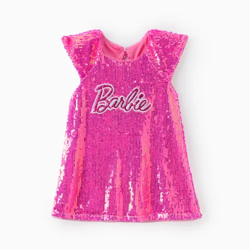 Barbie Kleinkind/Kind Mädchen 1pc Klassisches Barbie Buchstabendruck Pailletten Flatterärmel Kleid