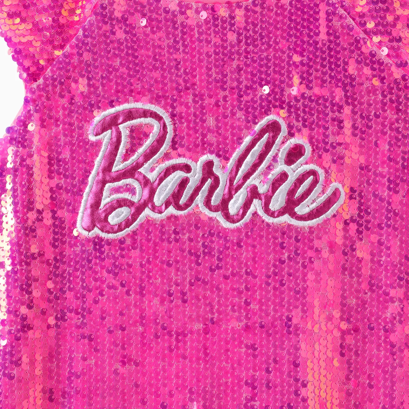 芭比娃娃/小女孩 1 件經典芭比字母印花亮片飄袖連衣裙 玫瑰 big image 1
