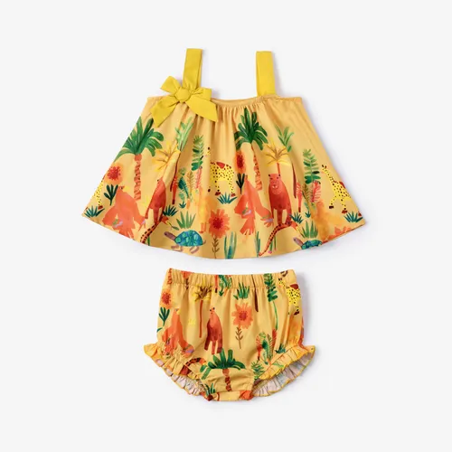2pcs Baby Girl Sweet Animal Pattern Hanging Strap Bodysuit Set