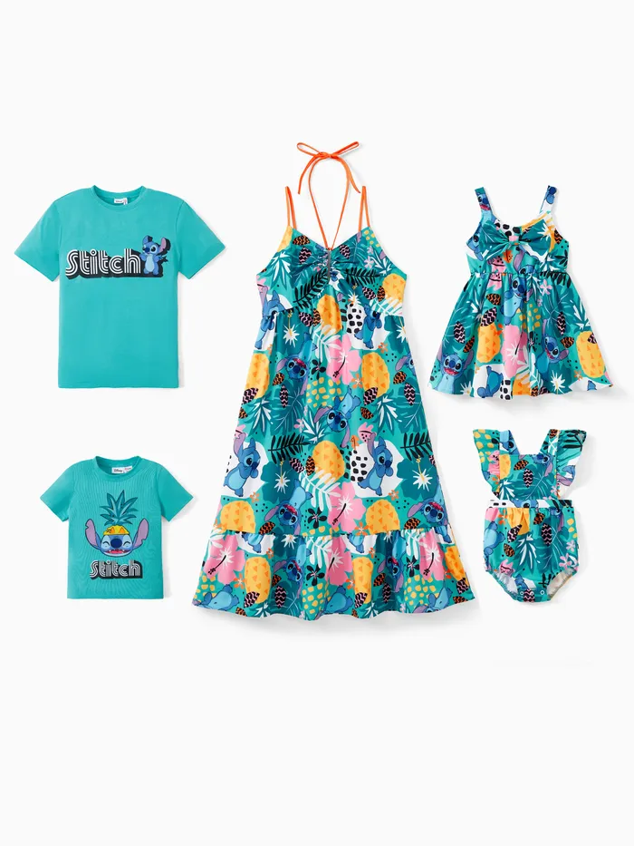 Disney Stitch famille assortie fleur tropicale et plante Hawaii Style sans manches dos nu robe/coton Tee