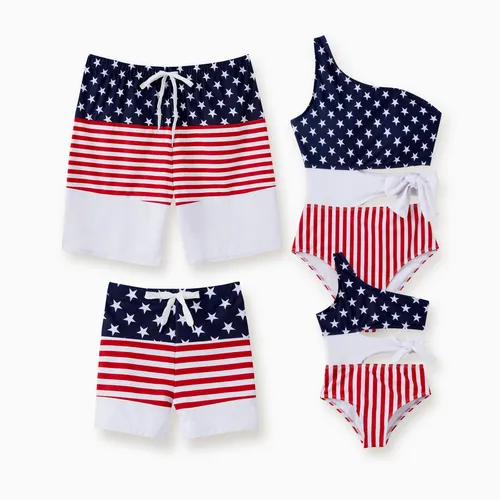 Independence Day Family Matching Color Block Drawstring Swim Trunks or American Flag One Shoulder Tie Waist One-Piece Swimsuit