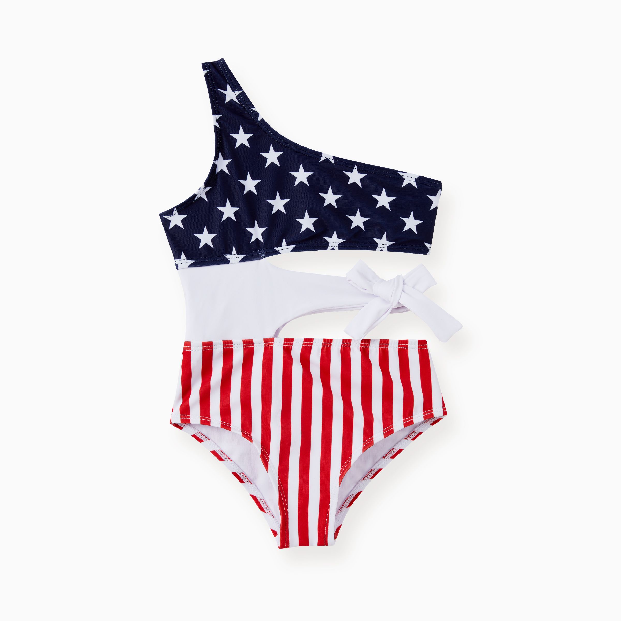 

Independence Day Family Matching Color Block Drawstring Swim Trunks or American Flag One Shoulder Tie Waist One-Piece Swimsuit