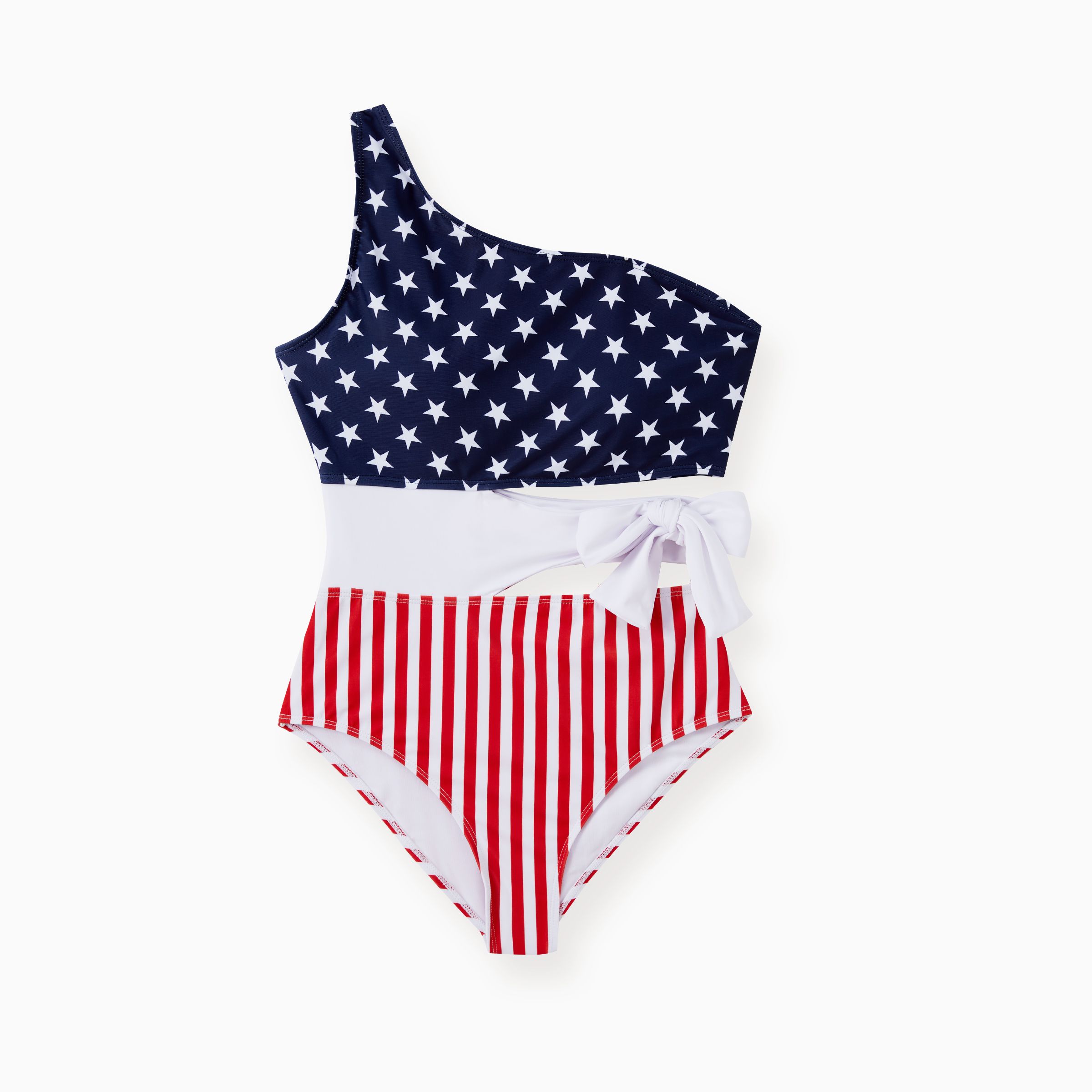 

Independence Day Family Matching Color Block Drawstring Swim Trunks or American Flag One Shoulder Tie Waist One-Piece Swimsuit
