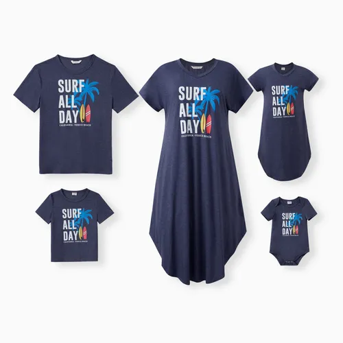 Family Matching Sets Deep Blue Coconut Tree and Slogan Printed Tee or Short Sleeves A-Line Dress With Pockets