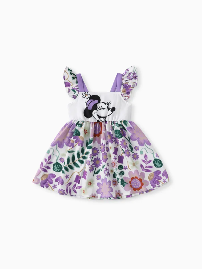 Disney Mickey and Friends Kleinkindmädchen 1-teiliges Kleid mit Blumen-Allover-Print und Rüschen-/Flatterärmeln 