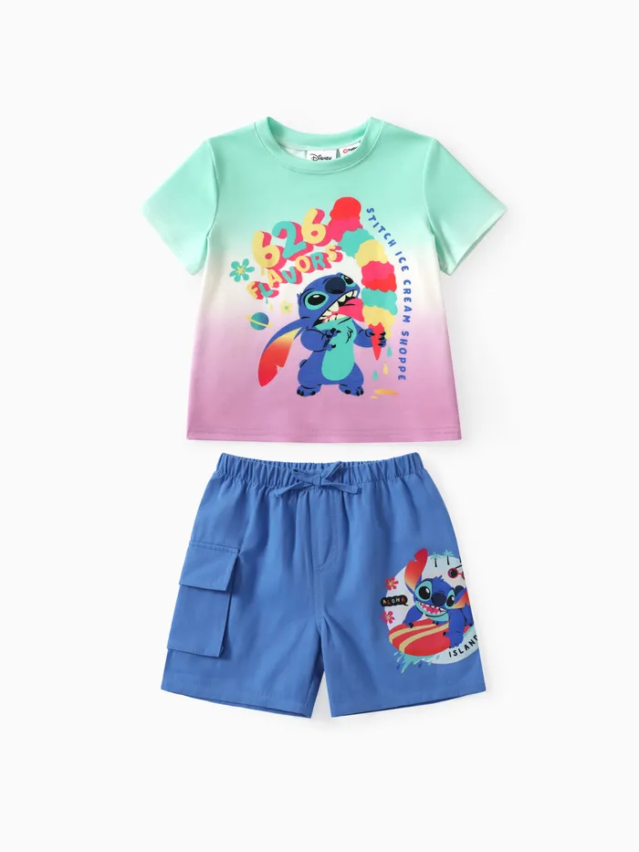 Disney Stitch Toddler Boys 2pcs Naia™ Gradient Dip Dye Personagem Print com Pocket Cotton Shorts Set