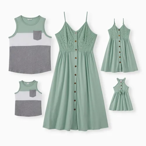 Family Matching Color Block Tank Top and Green Button up Lace Top Strap Dress Sets
