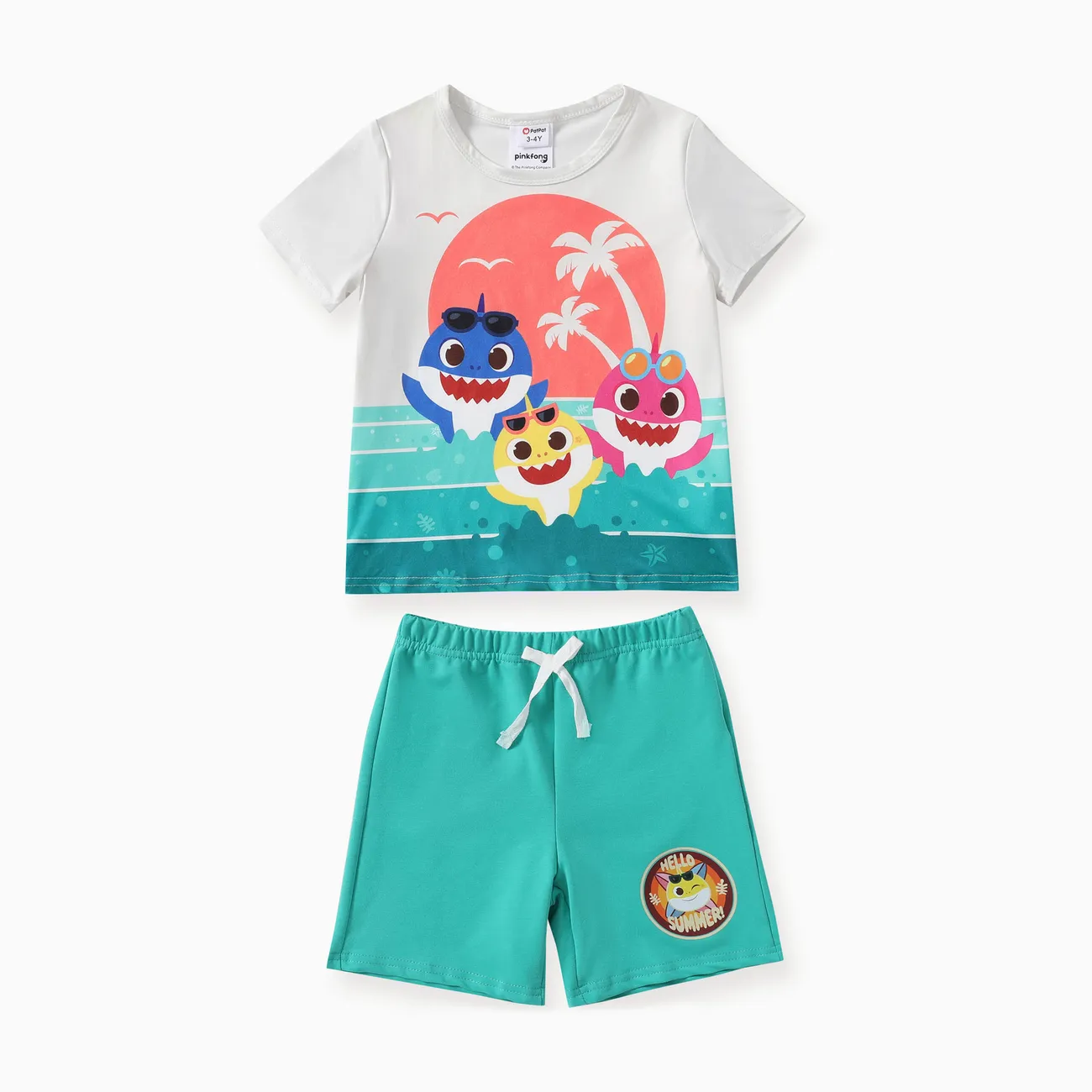 Baby Shark Toddler Boys 2pcs Tropical Ocean Shark Print Tee with Cotton Shorts Set BlueGreen big image 1