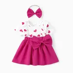 2pcs Baby Girl Heart Print Ruffled Faux-two Bowknot Dress & Headband Set Hot Pink