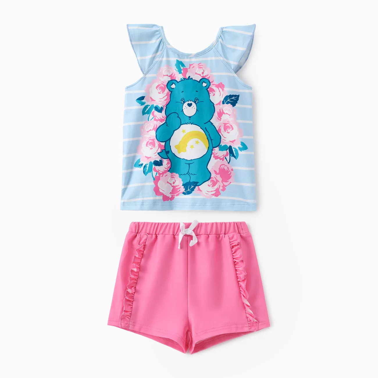 Care Bears Toddler Girls 2pcs Floral Bear Striped Print Flutter-sleeve Top with Shorts Set Light Blue big image 1