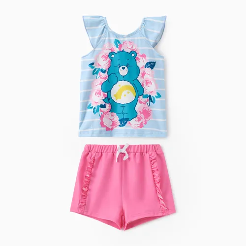 Cuidados Ursos Toddler Girls 2pcs Floral Urso listrado Estampa Flutter-sleeve Top com Shorts Set