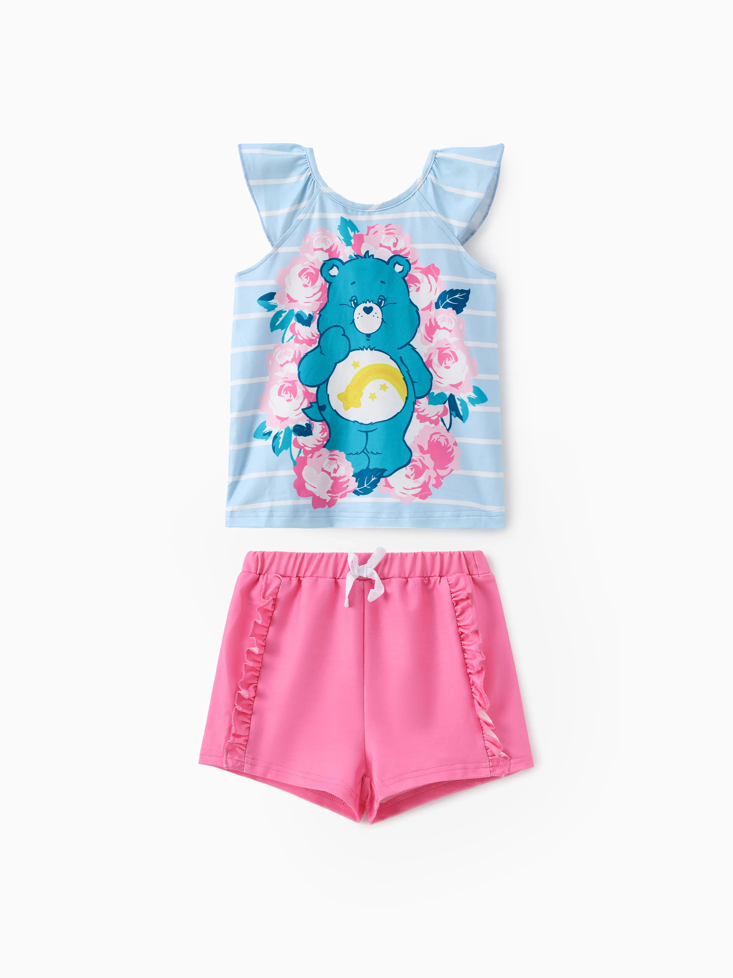 Care Bears Kleinkind Mädchen 2-teiliges Blumenbären-Oberteil mit Flatterärmeln und Flatterärmeln mit Shorts Set