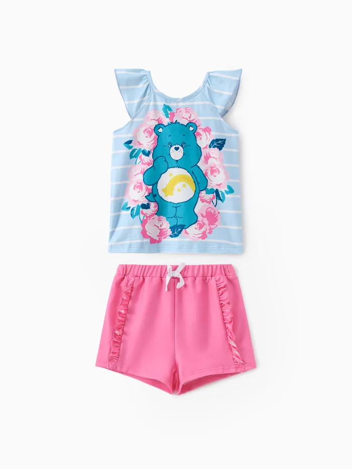 Care Bears Toddler Girls 2pcs Top de manga ondulada con estampado de rayas de oso floral con pantalones cortos