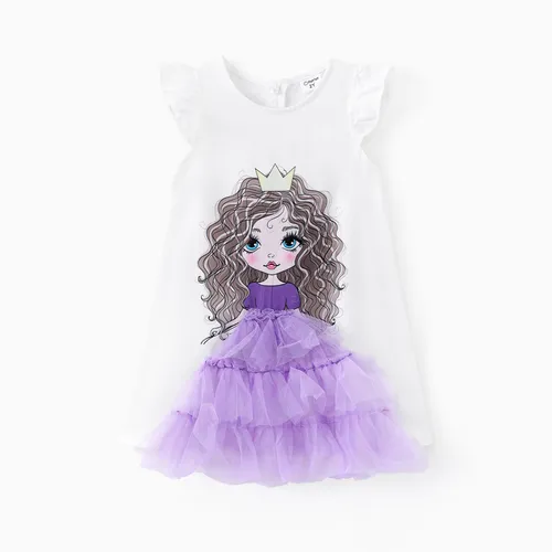 Kleinkind-Mädchen-Charakter-/Flammenvogel-Print-Mesh-Kleid gespleißt