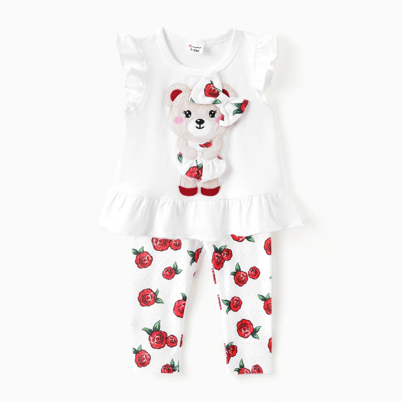 Bebé/Niña Pequeña 2pcs Top con volantes con estampado de oso y conjunto de leggings florales Rojo big image 1