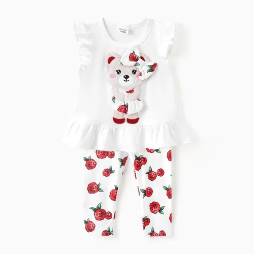 Baby/Toddler Girl 2pcs Bear Print Ruffled Top and Floral Leggings Set