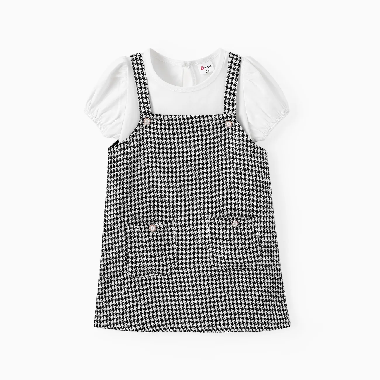 Toddler Girl 2pcs Puff-sleeve Tee and Grid Print Overall Dress Set BlackandWhite big image 1