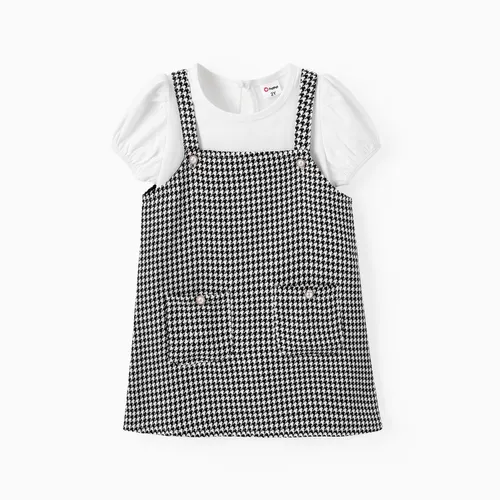 Toddler Girl 2pcs Puff-sleeve Tee and Grid Print Overall Dress Set