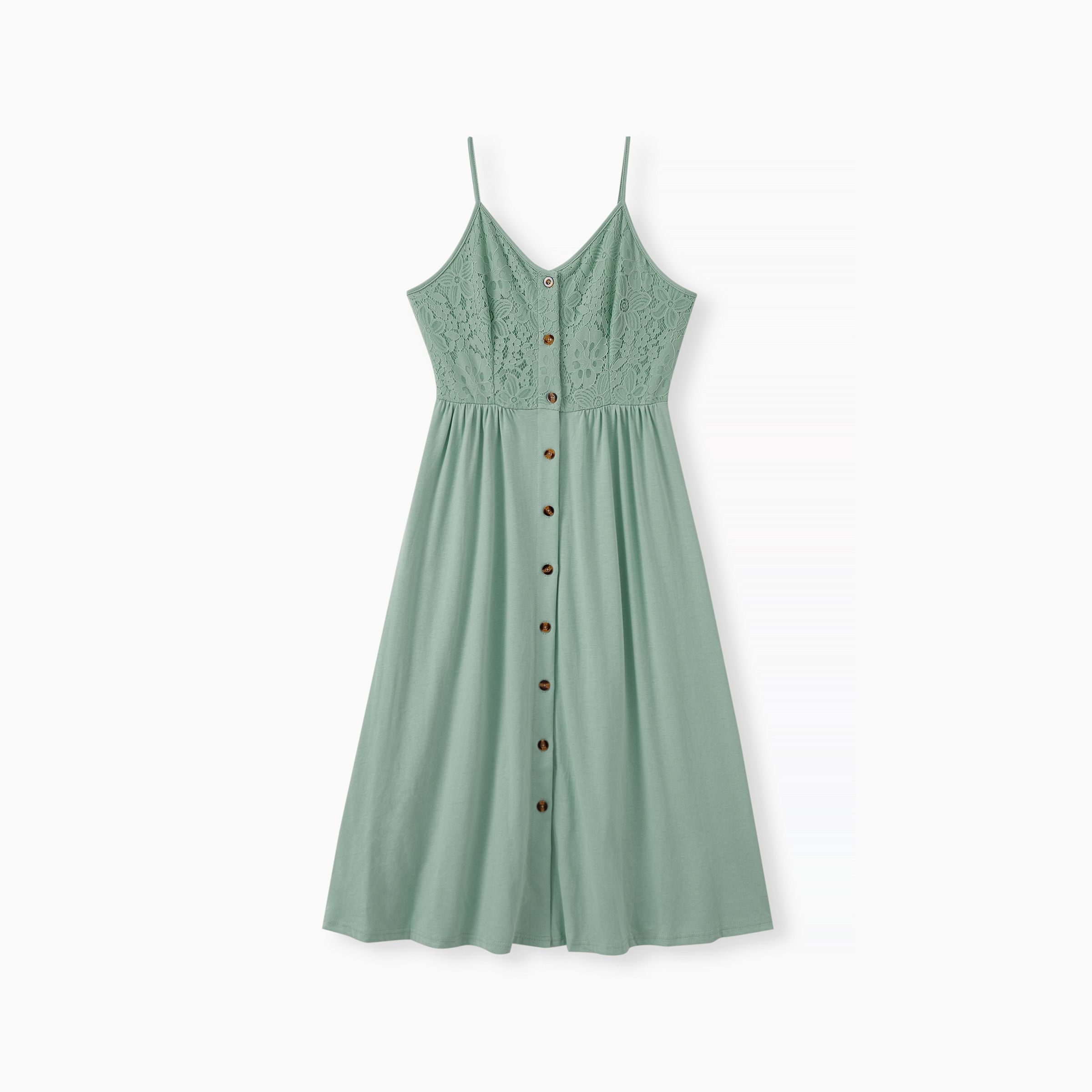 

Family Matching Color Block Tank Top and Green Button up Lace Top Strap Dress Sets