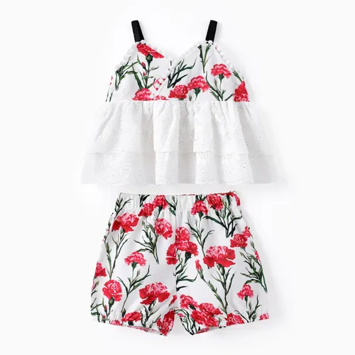 Baby-/Kleinkind-Mädchen 2-teiliges Mesh-Top- und Shorts-Set mit Blumendruck