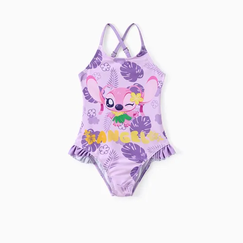 Disney Stitch 嬰兒/幼兒女孩 1 件角色花卉植物印花荷葉邊下擺泳衣