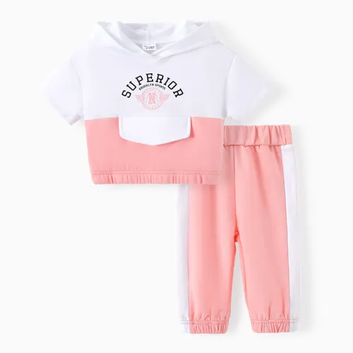 Baby Girl 2pcs 字母印花連帽 T 恤和褲子套裝