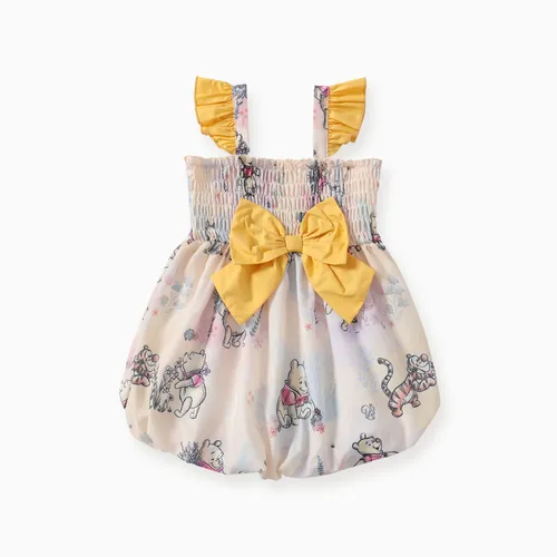 迪士尼小熊維尼蹣跚學步的女孩 1 件角色印花腰部蝴蝶結飄袖連衣裙