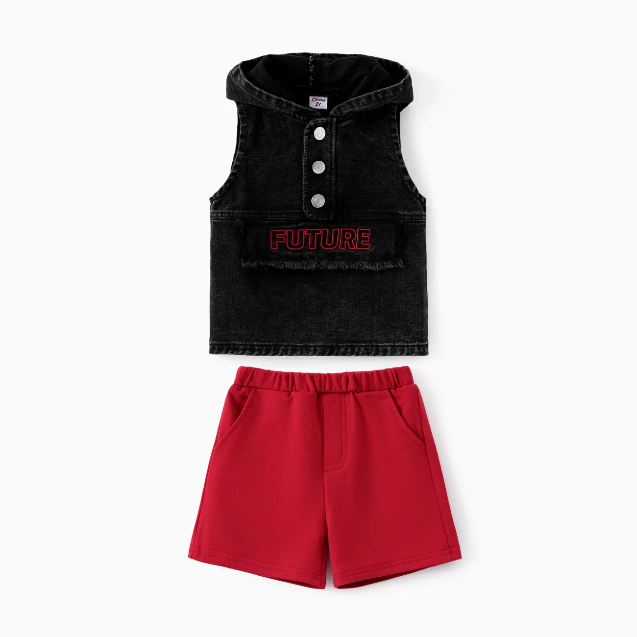 Toddler Boy 2pcs Denim Hooded Tank Top and Shorts Set Black big image 1