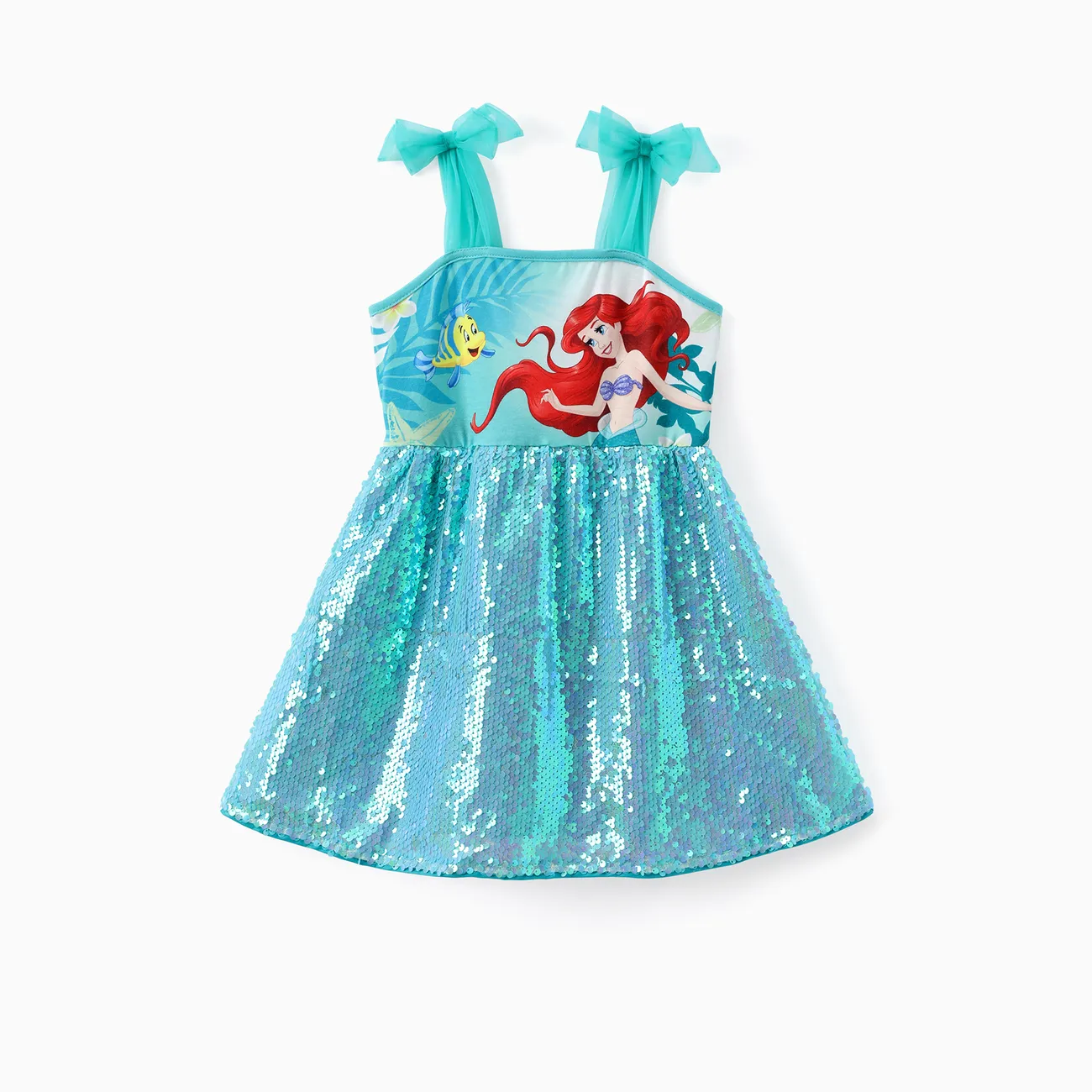 Disney Princess  Toddler Girls Ariel/Jasmine 1pc Naia™ Character Floral/Ocen-theme Print Mesh Bowknot Strap Sequin Sleeveless Dress Aqua Green big image 1
